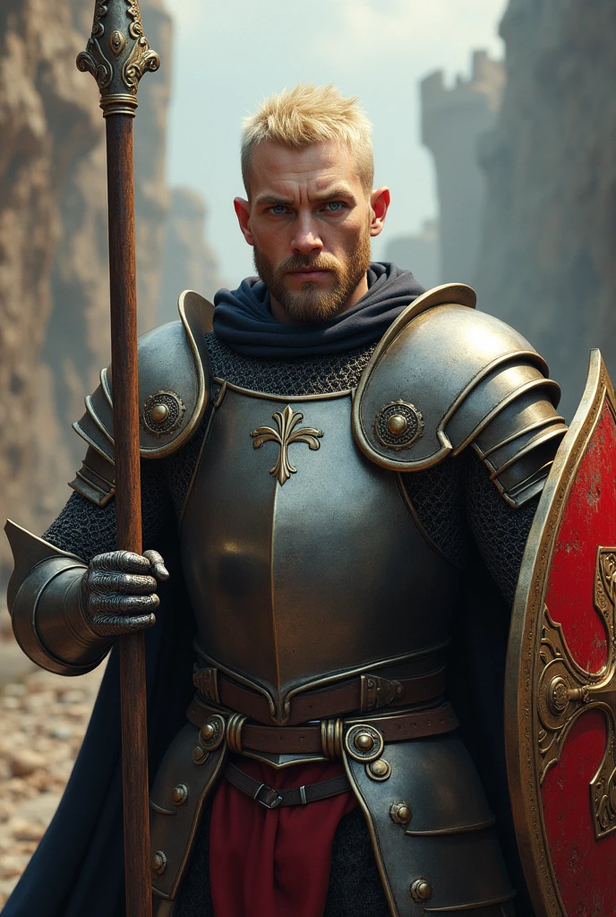 Male knight, medieval, british armor, big shield and lance, blue eyes, bald, blonde short beard, young, realistic art