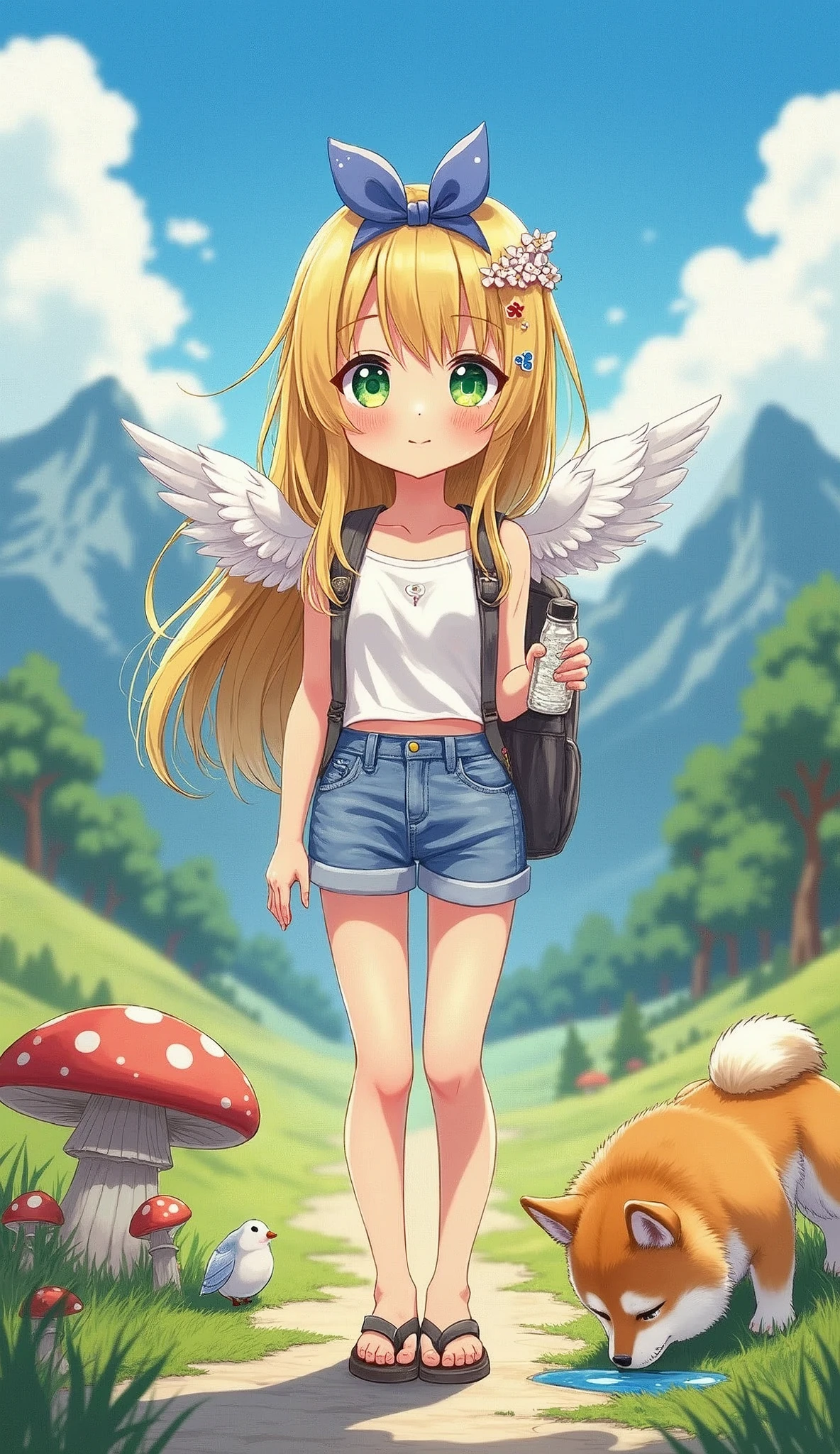 (8k, RAW photo, best quality, masterpiece, highres, absurdres, ultra detailed:1.3), (Photography, realistic, photo-realistic:1.4), (beautiful natural lighting, beautiful deatailed shadow, beautiful detailed glow :1.4), atmospheric,
BREAK, 1 beautiful girl, girl, (cute:1.5),(chibi:0.5),(cute:2.0),(Loli:2.0),(12 year old girl),(big breasts:1.65),(chin hair,blonde,blue bow,green eyes,Eyebrows visible through the hair,side lock,long hair with bangs parted, hair flower, hair ornaments, big ribbon in hair, curly hair, ponytail:1.6),:he, white feathers, one thin white wing, Ang he wings, spread,(blushed,:d:1.45) , BREAK
(white tank_top, hotpants, backpack,beret:1.4), (drinking, sweatdrop, outdoor, summer, mountain, mushroom,Shiba Inu drinking water, Little bird, busy:1.2), (wariza,holding water bottle:1.4), standing, In a western country town, BREAK
,
BREAK wakame,wakame,wakame,(cowboy shot,from front above:1.4) BREAK manga illustration.media,manga style,(ultra rich intricately proper sketch+pastel+airbrush+colored pencil:1.1),(ultra highres composition details:1.2), (delicate illustration), (pastelcolor style illustration:0.9), (watercolor style illustration:0.4),