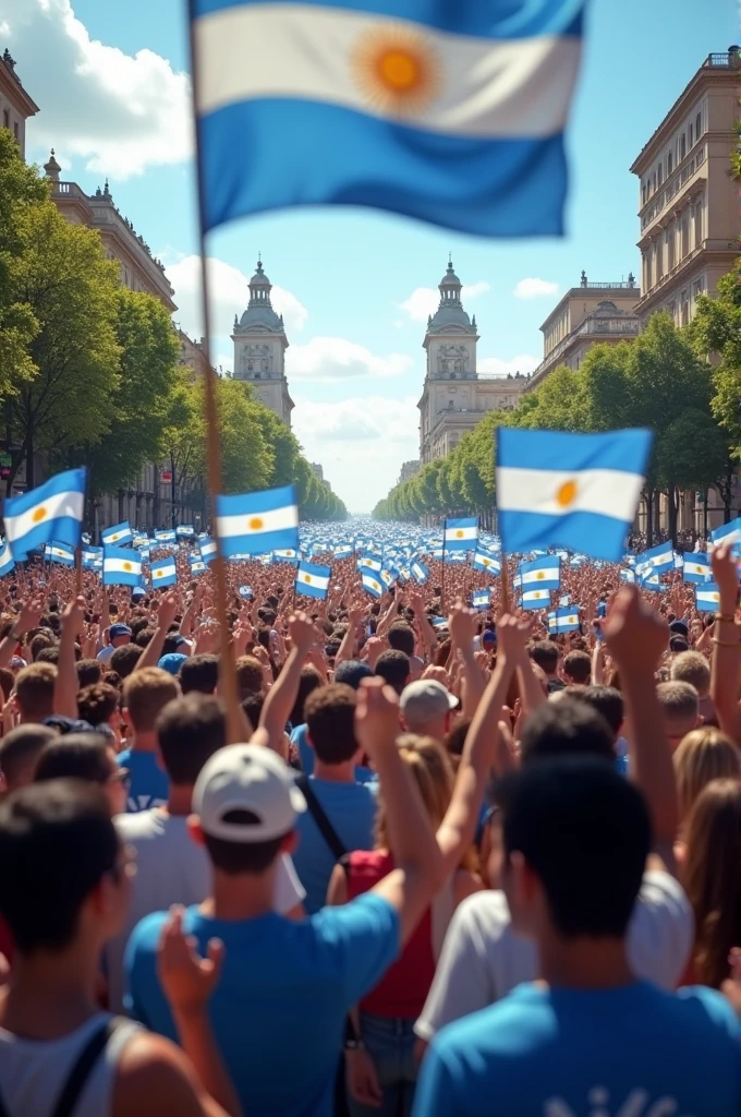 Generate an image of a huge crowd in the Plaza de Mayo in Argentina, with Argentine flags waving, People are excited, with faces full of hope .