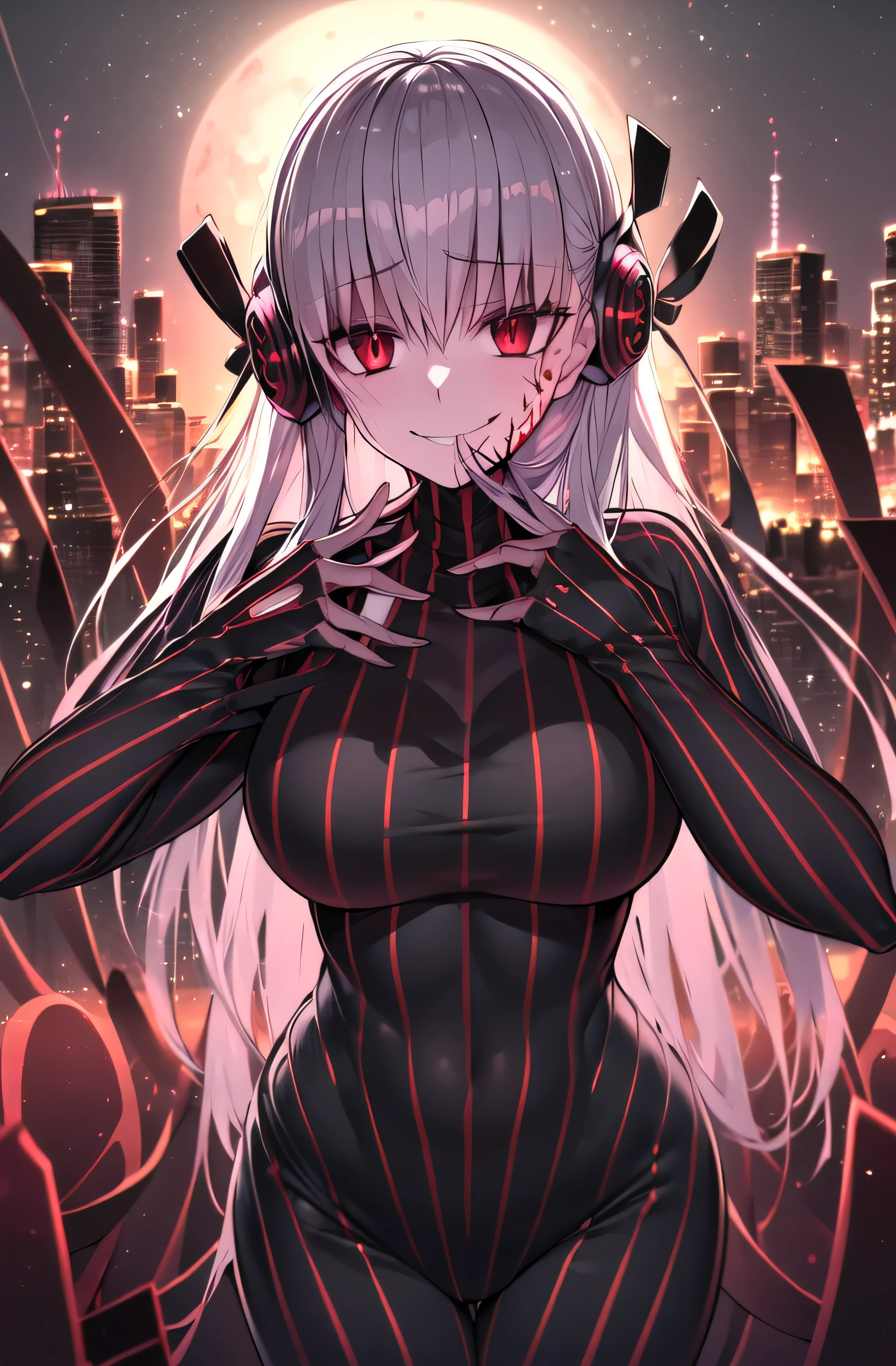 ((masterpiece,Highest quality, detailed)), One girl, alone,
Outdoor, night, Cityscape, Portraiture, Cowboy Shot, Dark Sakura,Wicked Smile， Anxious smile, Hair Ribbon, Hollow Eyes, Plug Suit, Bodysuits, black Bodysuits, Pause, Fits perfectly to the skin, Striped, cyber punk, Put your finger to your mouth, Body pattern