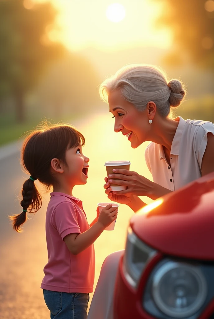 3 years young girl wearing pink polo shirt and blue jeans shorts talking excitedly with grandmother wearing white dress holding white disposable cup of tea looking at girl with love standing in front if red car on highway 