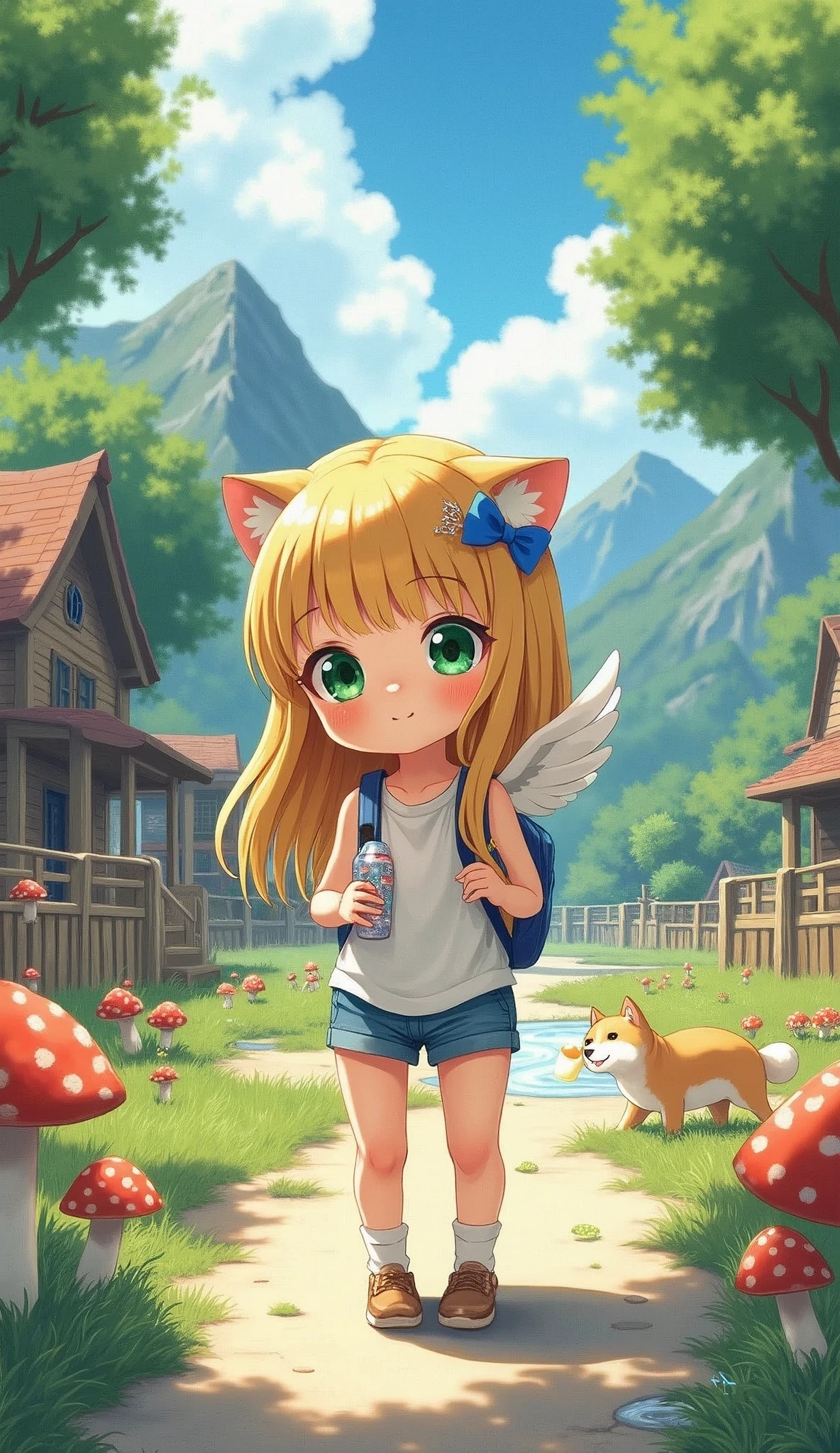 (8k, RAW photo, best quality, masterpiece, highres, absurdres, ultra detailed:1.3), (Photography, realistic, photo-realistic:1.4), (beautiful natural lighting, beautiful deatailed shadow, beautiful detailed glow :1.4), atmospheric,
BREAK, 1 beautiful girl, girl, (cute:1.5),(chibi:0.5),(cute:2.0),(Loli:2.0),(12 year old girl),(big breasts:1.65),(chin hair,blonde,blue bow,green eyes,Eyebrows visible through the hair,side lock,long hair with bangs parted, hair flower, hair ornaments, big ribbon in hair, curly hair, ponytail:1.6),:he, white feathers, one thin white wing, Ang he wings, spread,(blushed,:d:1.45) , BREAK
(white tank_top, hotpants, backpack,beret:1.4), (drinking, sweatdrop, outdoor, summer, mountain, mushroom,Shiba Inu drinking water, Little bird, busy:1.2), (wariza,holding water bottle:1.4), standing, In a western country town, BREAK
,
BREAK wakame,wakame,wakame,(cowboy shot,from front above:1.4) BREAK manga illustration.media,manga style,(ultra rich intricately proper sketch+pastel+airbrush+colored pencil:1.1),(ultra highres composition details:1.2), (delicate illustration), (pastelcolor style illustration:0.9), (watercolor style illustration:0.4),