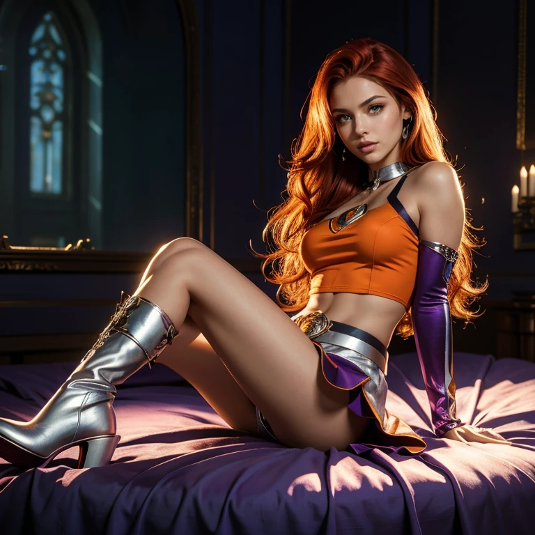 (masterpiece, best quality:1.5), highest quality, High resolution, super detailed, Realists, Full body photo of Starfire from Titans, detailed and beautiful green eyes, beautiful detailed lips, very detailed eyes and face, longeyelashes, additional eyebrows in the forehead area, Beautiful and colorful makeup, elegant and noble々Pose, dark red hair, slightly orange skin, bright daylight, bright colors, fine brushstrokes, Portrait style, beautiful color palette, glowing skin, First-class rendering, that captures every detail, enchanting atmosphere, (perfect anatomy:1.2), (The stunning Starfire wears a purple top with silver shoulder plate, lilla miniskirt and thigh high lills boots.Teenans animated series 2003, She fires Starbolt's magnificent panoramic view:1.2)