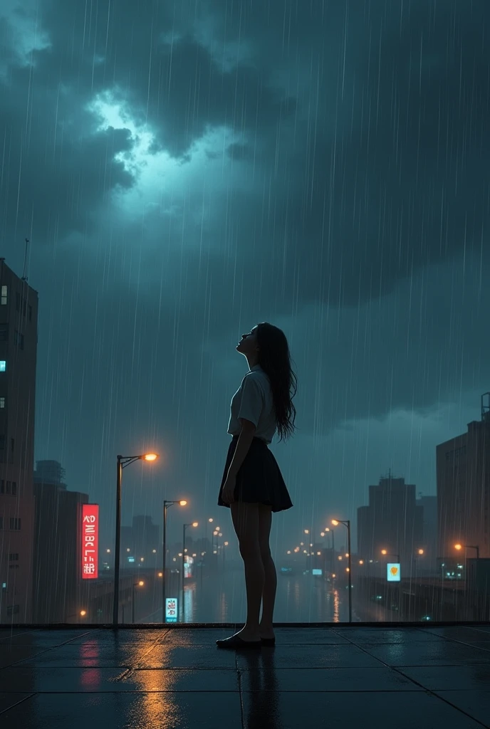 Rooftop at night, downpour, woman looking up at the sky, highly detailed
