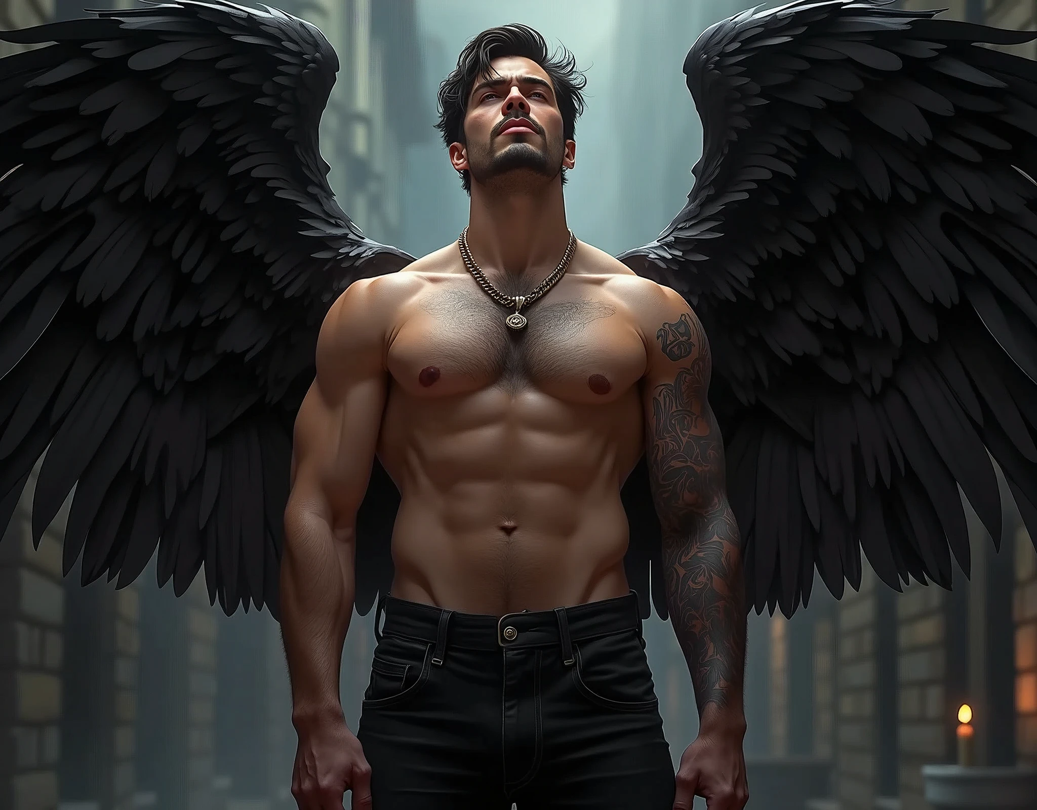 (((angel caido!angel!big black angel wings!Gothic))),perfect composition,!)), ((Unintentionally exposing chest muscles.))body hair, hairy chest, elegant macho, elegant barbilla de chad, Elegant and attractive, Elegante y elegant, elegant hombre, Attractive man, masculino y elegant, , elegant, posing attractive, Attractive man, Attractive man, 35 year old man!Raise your little head,Chimney(first portrait!))showing off his hairy pecs showing off his hairy chest muscles),),(short mustache)Show hairy and muscular eyes..,)head space!Charming and serious look..,(hombre elegant,Dressed in an embarrassing posture,Perfect body anatomy,Beautiful man face detail,perfect foot,perfect hand!Ultra low angle shot!An image of an anime character with a necklace.., muscular man, realistic muscles, human representation style, Gothic, Anime core, meritocracy, at the romantic academy, garbage, Anime core, Aestheticized violence, whole body, dark gym, coloring Waiting to start