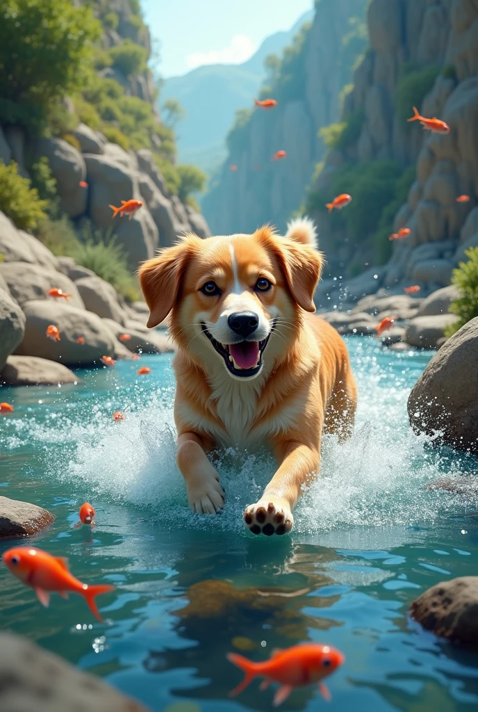 Create me an image of a dog swimming in the river, that the river has many fish, rocks.....