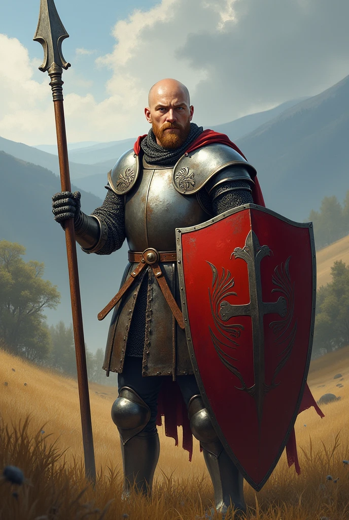 Male knight, medieval, british armor, big shield and lance, blue eyes, bald, blonde short beard, young, realistic art