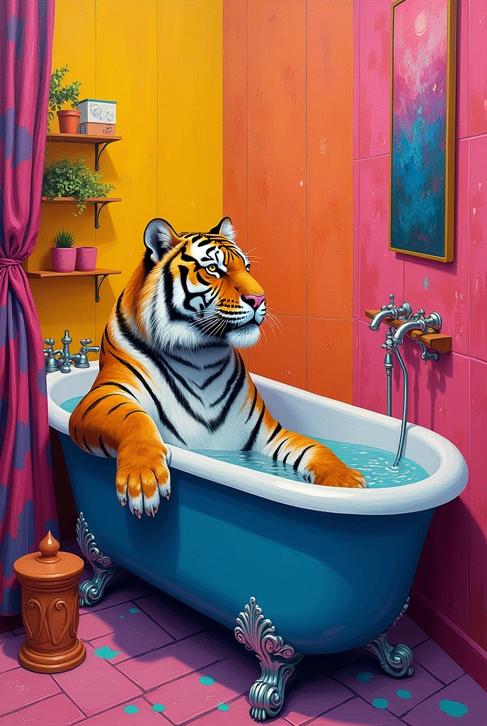 tiger having a bath in a bathtube in the bathroom bright colours Pink yellow van Gogh art style creative thick line oil painting