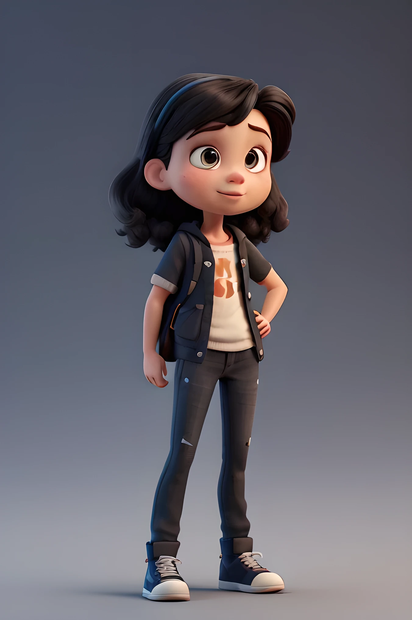 I will create a Pixar-style 3D poster for you, with a 20 year old girl exploring a world of digital design. She will have black hair and will wear a black outfit., white and azure. No fundo, there will be a creative graphic design scene, with code elements and digital icons. One moment, Por favor.