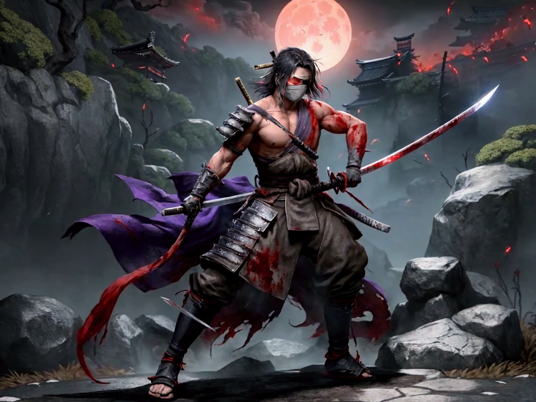 work of art, 4K, protagonist de Sekiro, full moon night, bloody moon, reddish sky, man with burning clothes, eye patch, big hair, prostate arm, black-bladed katana imbued with purple flames, post war environment, fight with shirtless man, big bow on the back, uses lightning-imbued katana