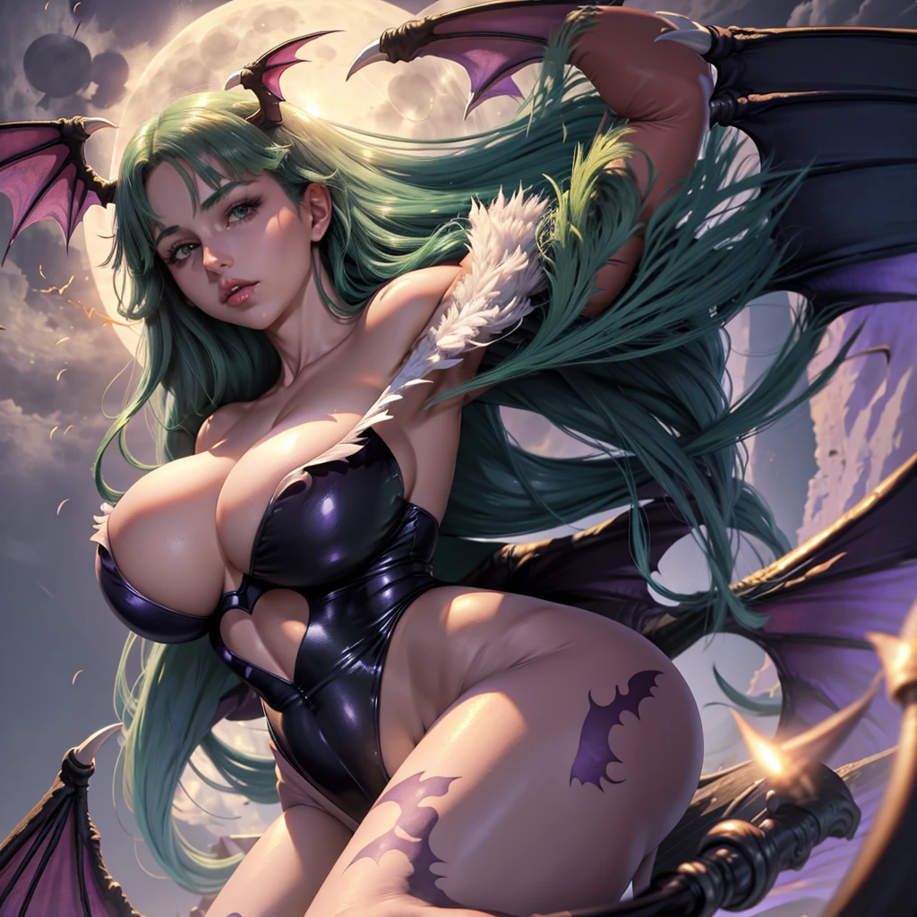 Morrigan beautiful sensual goddess beautiful face big breasts and big hips small waist very close to the background screen the full moon