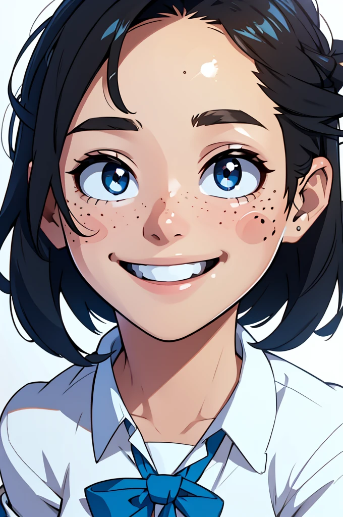 girl, school uniform, happy, white skin, smiling, freckles, best quality, expressive eyes, perfect face, masterpiece, 4K, 8K