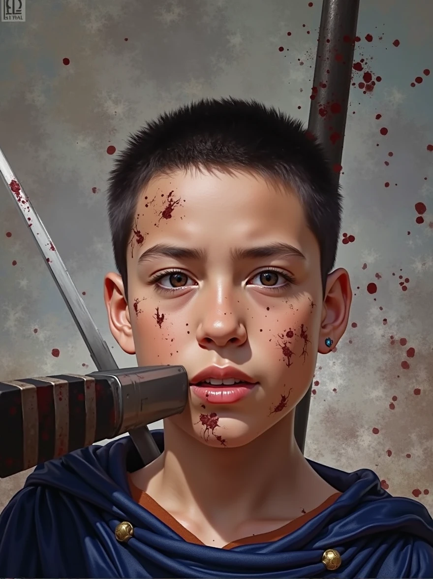 18 year old boy with short black hair in a medieval costume covered in mud in the middle of a battle while stabbing an enemy with a sword