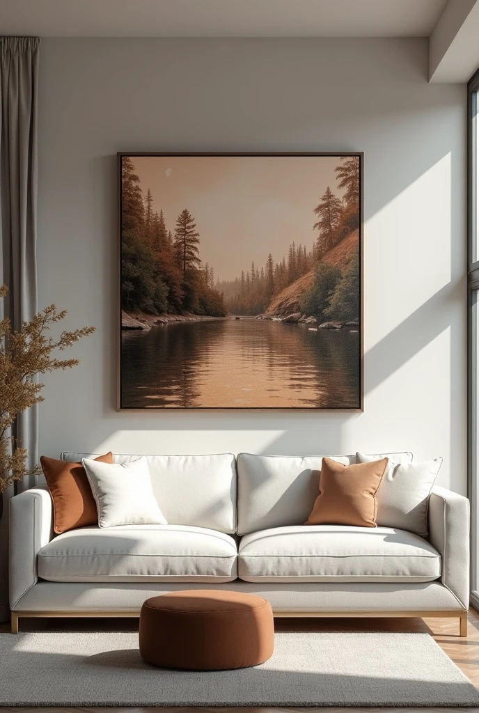 (photorealism:1.2), Create a mockup for a square format box , which is located in a hyperrealistic modern style room, the painting is hanging on the wall, behind the sofa