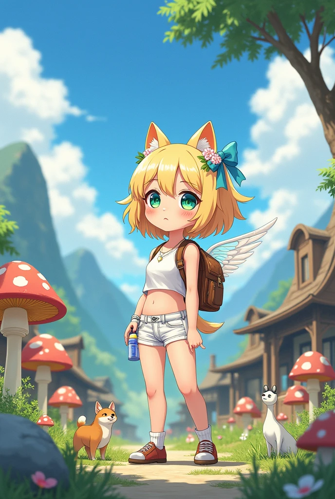(8k, RAW photo, best quality, masterpiece, highres, absurdres, ultra detailed:1.3), (Photography, realistic, photo-realistic:1.4), (beautiful natural lighting, beautiful deatailed shadow, beautiful detailed glow :1.4), atmospheric,
BREAK, 1 beautiful girl, girl, (cute:1.5),(chibi:0.5),(cute:2.0),(Loli:2.0),(12 year old girl),(big breasts:1.65),(chin hair,blonde,blue bow,green eyes,Eyebrows visible through the hair,side lock,long hair with bangs parted, hair flower, hair ornaments, big ribbon in hair, curly hair, ponytail:1.6),:he, white feathers, one thin white wing, Ang he wings, spread,(blushed,:d:1.45) , BREAK
(white tank_top, hotpants, backpack,beret:1.4), (drinking, sweatdrop, outdoor, summer, mountain, mushroom,Shiba Inu drinking water, Little bird, busy:1.2), (wariza,holding water bottle:1.4), standing, In a western country town, BREAK
,
BREAK wakame,wakame,wakame,(cowboy shot,from side:1.4) BREAK manga illustration.media,manga style,(ultra rich intricately proper sketch+pastel+airbrush+colored pencil:1.1),(ultra highres composition details:1.2), (delicate illustration), (pastelcolor style illustration:0.9), (watercolor style illustration:0.4),