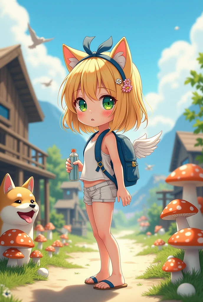 (8k, RAW photo, best quality, masterpiece, highres, absurdres, ultra detailed:1.3), (Photography, realistic, photo-realistic:1.4), (beautiful natural lighting, beautiful deatailed shadow, beautiful detailed glow :1.4), atmospheric,
BREAK, 1 beautiful girl, girl, (cute:1.5),(chibi:0.5),(cute:2.0),(Loli:2.0),(12 year old girl),(big breasts:1.65),(chin hair,blonde,blue bow,green eyes,Eyebrows visible through the hair,side lock,long hair with bangs parted, hair flower, hair ornaments, big ribbon in hair, curly hair, ponytail:1.6),:he, white feathers, one thin white wing, Ang he wings, spread,(blushed,:d:1.45) , BREAK
(white tank_top, hotpants, backpack,beret:1.4), (drinking, sweatdrop, outdoor, summer, mountain, mushroom,Shiba Inu drinking water, Little bird, busy:1.2), (wariza,holding water bottle:1.4), standing, In a western country town, BREAK
,
BREAK wakame,wakame,wakame,(cowboy shot,from side:1.4) BREAK manga illustration.media,manga style,(ultra rich intricately proper sketch+pastel+airbrush+colored pencil:1.1),(ultra highres composition details:1.2), (delicate illustration), (pastelcolor style illustration:0.9), (watercolor style illustration:0.4),