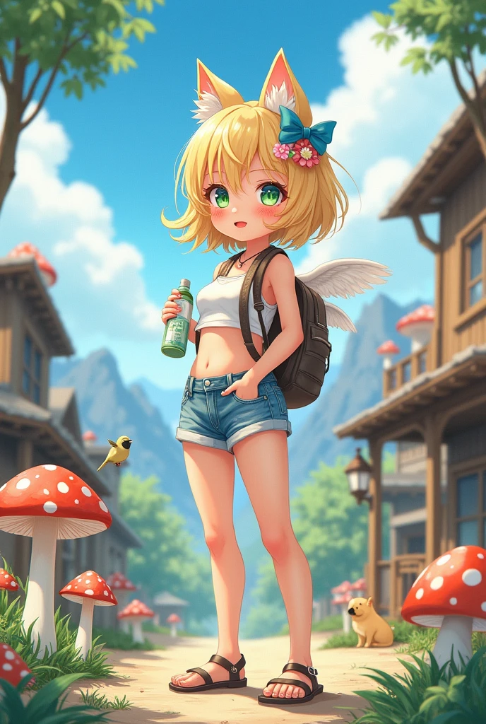(8k, RAW photo, best quality, masterpiece, highres, absurdres, ultra detailed:1.3), (Photography, realistic, photo-realistic:1.4), (beautiful natural lighting, beautiful deatailed shadow, beautiful detailed glow :1.4), atmospheric,
BREAK, 1 beautiful girl, girl, (cute:1.5),(chibi:0.5),(cute:2.0),(Loli:2.0),( girl),(big breasts:1.65),(chin hair,blonde,blue bow,green eyes,Eyebrows visible through the hair,side lock,long hair with bangs parted, hair flower, hair ornaments, big ribbon in hair, curly hair, ponytail:1.6),:he, white feathers, one thin white wing, Ang he wings, spread,(blushed,:d:1.45) , BREAK
(white tank_top, hotpants, backpack,beret:1.4), (drinking, sweatdrop, outdoor, summer, mountain, mushroom,Shiba Inu drinking water, Little bird, busy:1.2), (wariza,holding water bottle:1.4), standing, In a western country town, BREAK
,
BREAK wakame,wakame,wakame,(cowboy shot,from side:1.4) BREAK manga illustration.media,manga style,(ultra rich intricately proper sketch+pastel+airbrush+colored pencil:1.1),(ultra highres composition details:1.2), (delicate illustration), (pastelcolor style illustration:0.9), (watercolor style illustration:0.4),