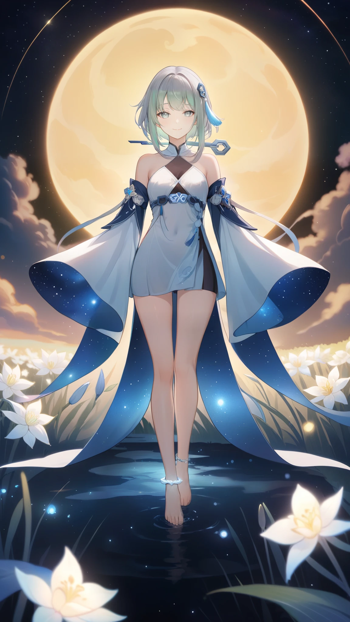 1girl, guizhong_\(genshin_impact\),light grey hair,short_hair_with_long_locks,starry_sky_print,detached_sleeves, long sleeves_past_fingers,hanfu,illustrated by matsuryuu and agahari and dsmile,pale blue eyes,stunning field of softly glowing blue and white glaze lilies,night scene,gentle smile,moonlight,glossy lips,vivid anime coloring,cel shading,smooth, soft dreamy focus,anklet,halter_top,white clothes,highly detailed,digital painting,field of flowers,bare_shoulders,wlop,barefoot,cool night tones, magical night scene,masterpiece, best quality, film, professional, 4k, highly detailed,Guardian nebula of rainbow light and silvery vapor,starry,cosmic,goddess,rich color,oil painting,walking on water,glowing ripples,starry reflection