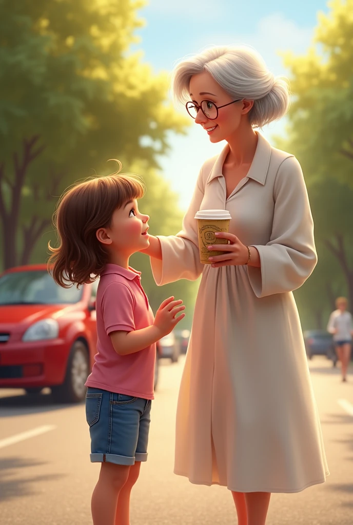 3 years young girl wearing pink polo shirt and blue jeans shorts talking excitedly with grandmother wearing white dress holding white disposable cup of tea looking at girl with love both standing in front if red car on highway sleeves of grandmother is full she us 65 