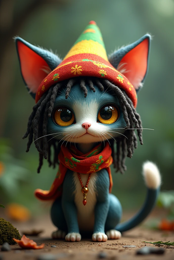 Create a character like the one from the game Hollow Night so cute that he looks like a cat but with dreadlocks and a Rastafarian hat with his ears sticking out of it.
