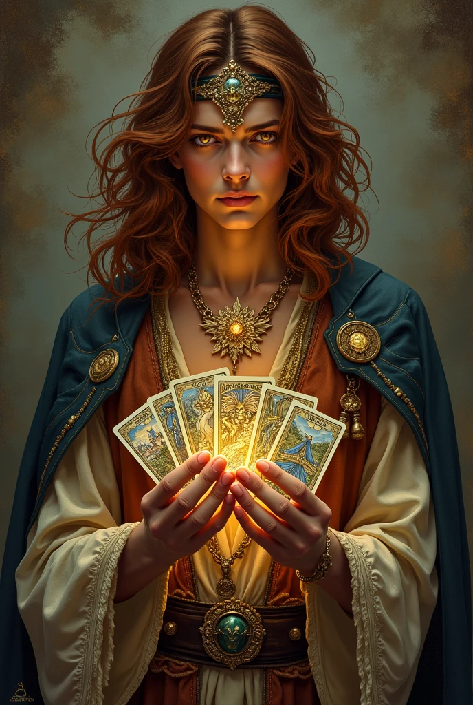 Tarot cards, A young gypsy man? de cabelos castanhos, letters of destiny, with jewelry