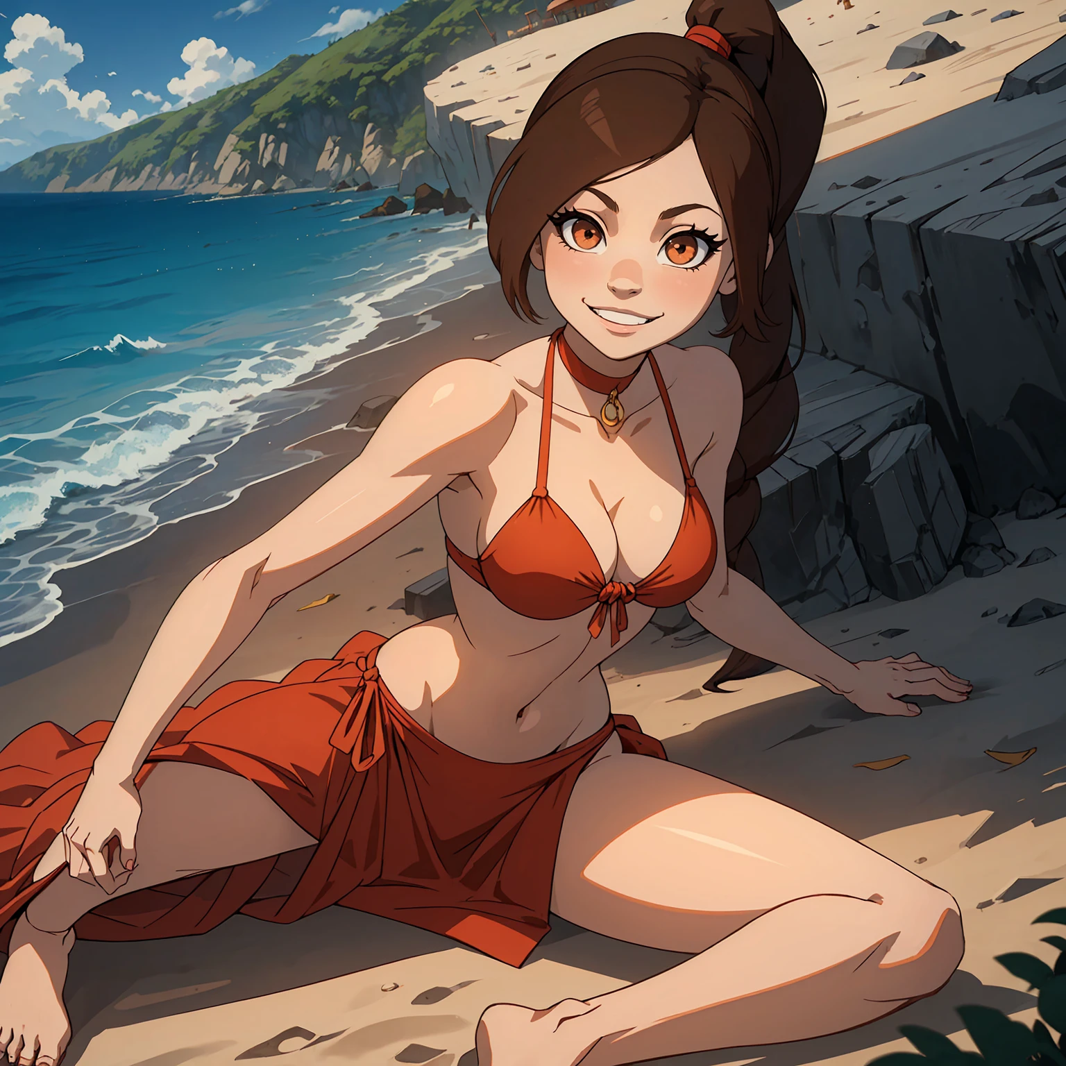 ((solo,1woman, mature, alone))), tylee, ((light brown hair, ponytail, glowing brown eyes, wide eyes, body fur, makeup, narrow waist, skinny, medium breasts)), pelvic curtain, ((red bikini)), full body, perfect body, (insanely detailed, beautiful detailed face, masterpiece, best quality), (extremely detailed 8k paper CG wall unit: 1.1), (beach settings, dusk), (smile face for the viewer), jack-o' challenge, flexible, spread legs, top-down bottom-up