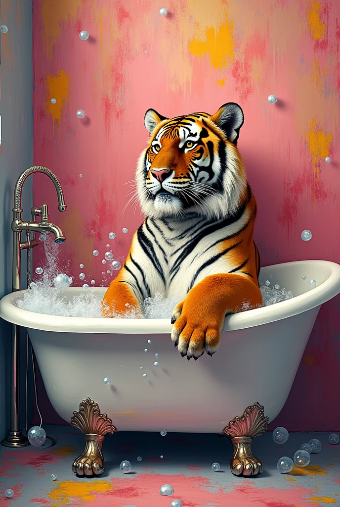 tiger having a bath in a bathtube in the bathroom bright colours Pink yellow van Gogh art style