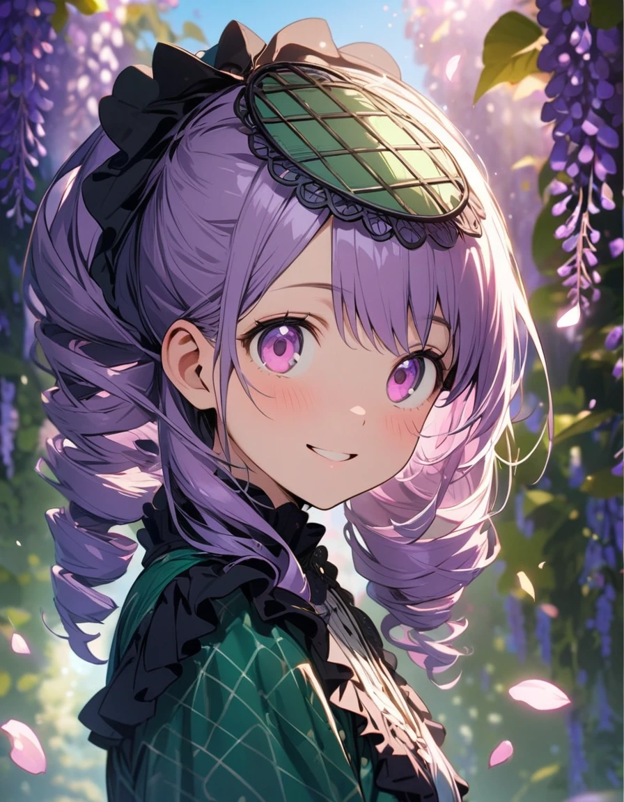 1 girl,solo,16yo,amazing quality, aesthetic, aesthetic,ultra-detailed face,detailed eyes,round eyes, tareme,pink eyes,BREAK,Green fascinator,Purple wisteria pattern Green Lolita fashion,BREAK,Purple Hair,drill hair,depth of field,wisteria trellis,blue sky,(petals:1.3),masterpiece,8K,top quality, highly detailed illustration,smile,rim light