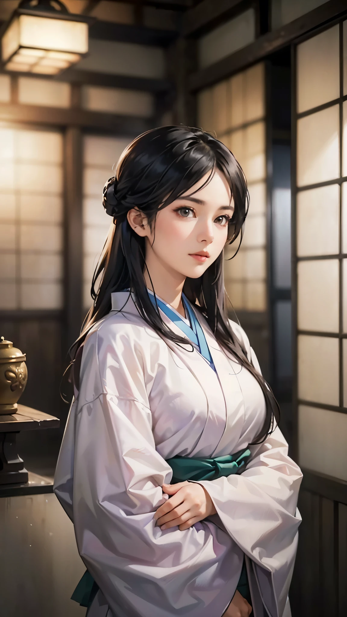 (Realistic)、(Realistic:1.2)、(High resolution)、Very detailed、Very beautiful face and eyes、1 person、Delicate body、(Highest quality、Attention to detail、Rich skin detail)、(Highest quality、8k、Oil paint:1.2)、Very detailed、(Realistic、Realistic:1.37)、Bright colors、Full Body Shot,black_hair, Beautiful 8k eyes,Looking_in_audience,One person in,Are standing,((Very beautiful woman, Fuller lips, Japanese pintern kimono))、((Gorgeous and colorful Japanese kimono)))、(((blackhair)))、(((blunt bungs,long straight hair)))、((( In an old Japanese house (short focus :1.4),)))、(masterpiece, Highest quality, Highest quality, Official Art, beautifully、beautiful:1.2),(Fractal Art:1.3),Sengoku period、By Greg Rutkowski:Alphonse Mucha Ropp,short ,uchikake,nishijin ori,(realistic Light and shadow), (real and delicate background),(Calm colors, Dim color, soothing tones:1.3), Low saturation, (Ultra-detailed:1.2), (Noir:0.4),Draw,Blurred_Light_background, (Bright colors:1.2), cinematic Lighting, ambient Lighting,Single Shot,Shallow focus,pink lip,Blurred Light background,Eros,Big Breasts