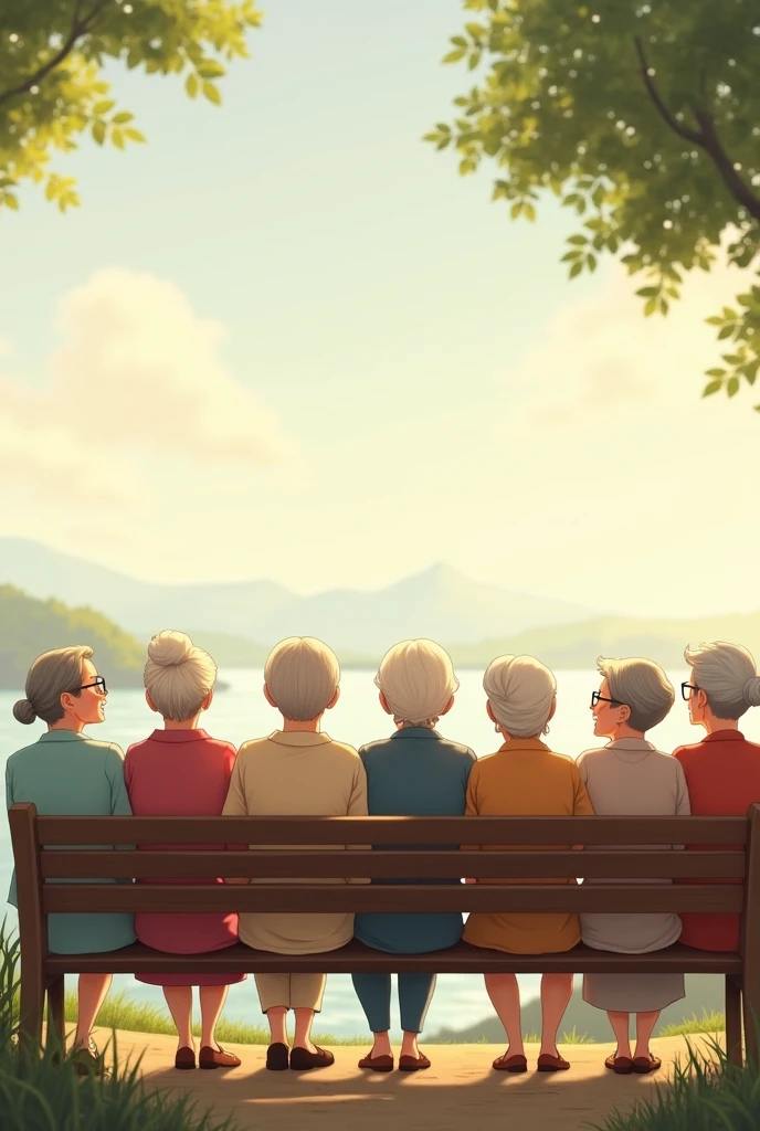 eight elderly ladies sitting on a bench with their backs to the photo looking at the horizon, happy