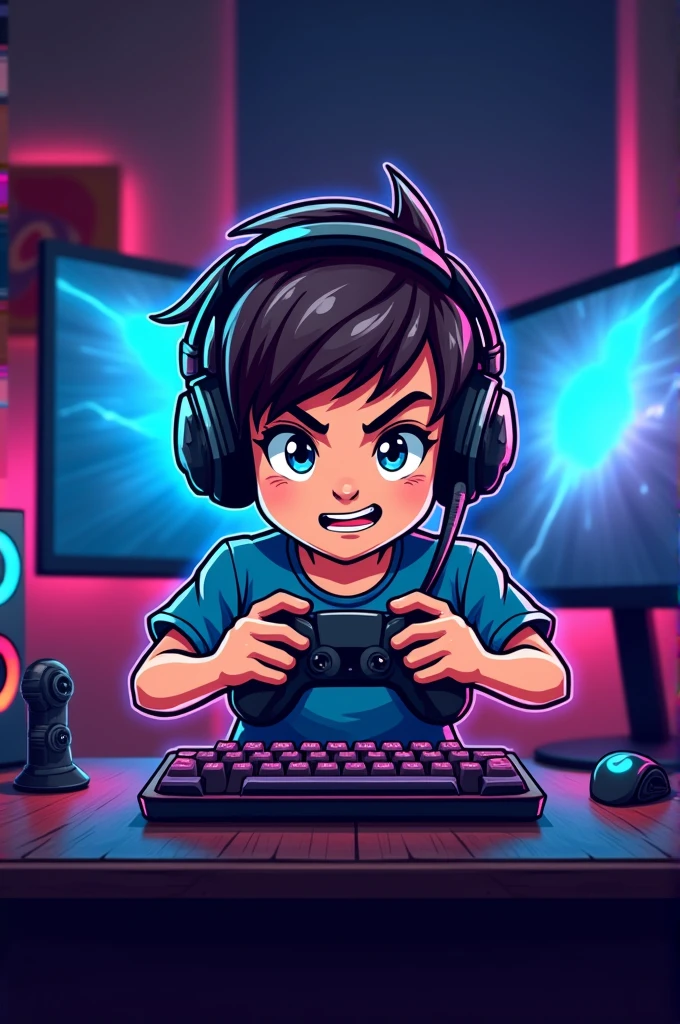 Create me a mascot logo where the mascot is a gamer boy with a Gamer setup background and at the bottom with the name of Vic Gamer12 