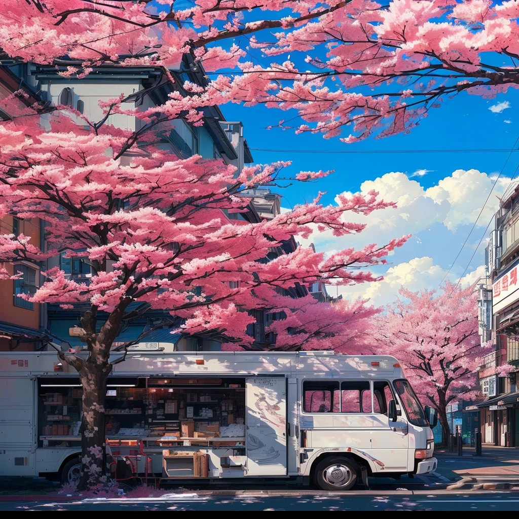 There is a white truck parked on the side of the road, by Jeonsuk Lee, Beautiful aesthetic art, Lush cherry blossoms, amazing art style, beeple and james jean, city of spring season, Cherry blossom season, Korean artist, beautiful digital images, from Kamagurka, beautiful detailed pixel graphics, anime background art, Tokyo, Anime scene, just a joke