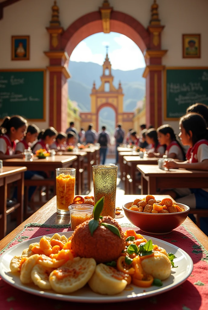 Decoration for Arequipa Day with typical dishes and the Yanahuara portal in a classroom is a contest in a school
