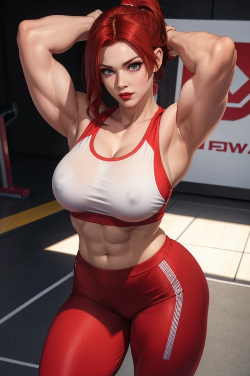 Beautiful muscular woman perfect breasts muscular body messy red hair light eyes gym uniform top and leggings red lips blushing face raising her arms behind her head 