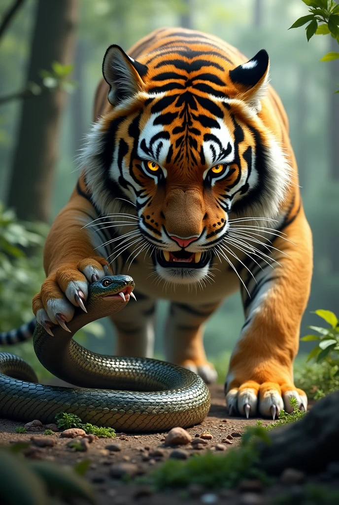 Tiger stepping on snake