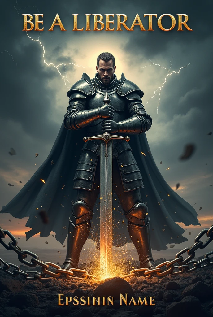 Description of the cover:

fund: The cover background should be a dramatic, dark landscape, perhaps a stormy sky with heavy clouds and lightning flashing in the distance. This setting creates an epic and intense tone..

soldier: In the center of the cover, there is an imposing soldier, dressed in shiny, detailed armor, that reminds me of "God&#39;s armor" described in Ephesians 6. Armor must be meticulously designed, with gleaming plaques and ornamental details that reflect light dramatically.

Action: The soldier is in a dynamic pose, holding a large and powerful sword that is cutting heavy chains. The chains break in many directions, with fragments flying around, symbolizing liberation and the breaking of bonds.

expression: The soldier&#39;s expression is determined and courageous, conveying a sense of courage and determination. His gaze is firm, and your posture conveys strength and confidence.

Additional Detail: Add subtle elements of glow and light around the broken chains and sword to highlight the action and sense of power.. Small touches of light can also be added to the armor to give it a more heroic effect..

Title and author: The title "BE A LIBERATOR" must be in a grand and imposing font, possibly gold or silver, to contrast with the dark background. The author&#39;s name may be at the bottom of the cover, in a smaller but still readable font, perhaps in white or a color that complements the title.