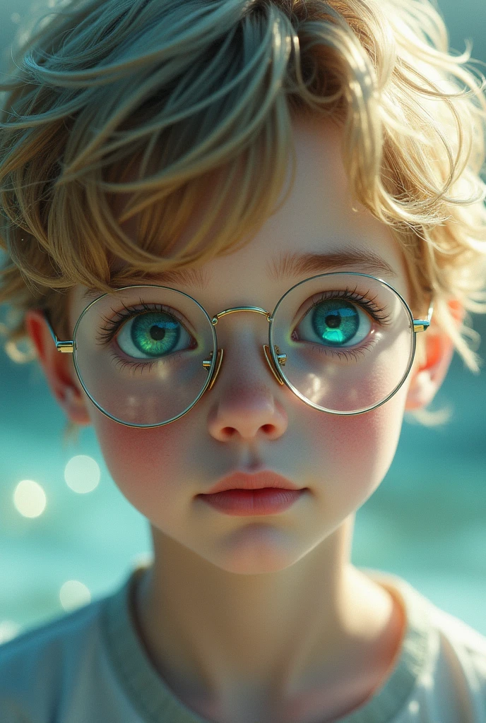 create a boy with dark blonde hair, white, blue eyes turning green, and have clear aviator glasses