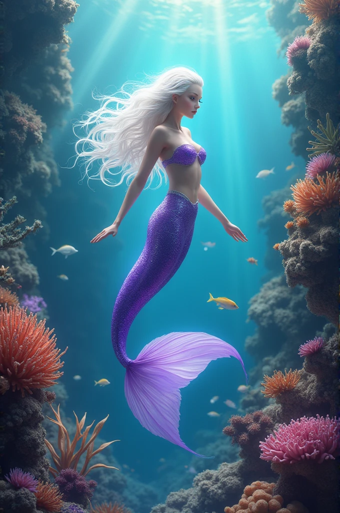Mermaid with white hair and purple tail on a beautiful and realistic reef