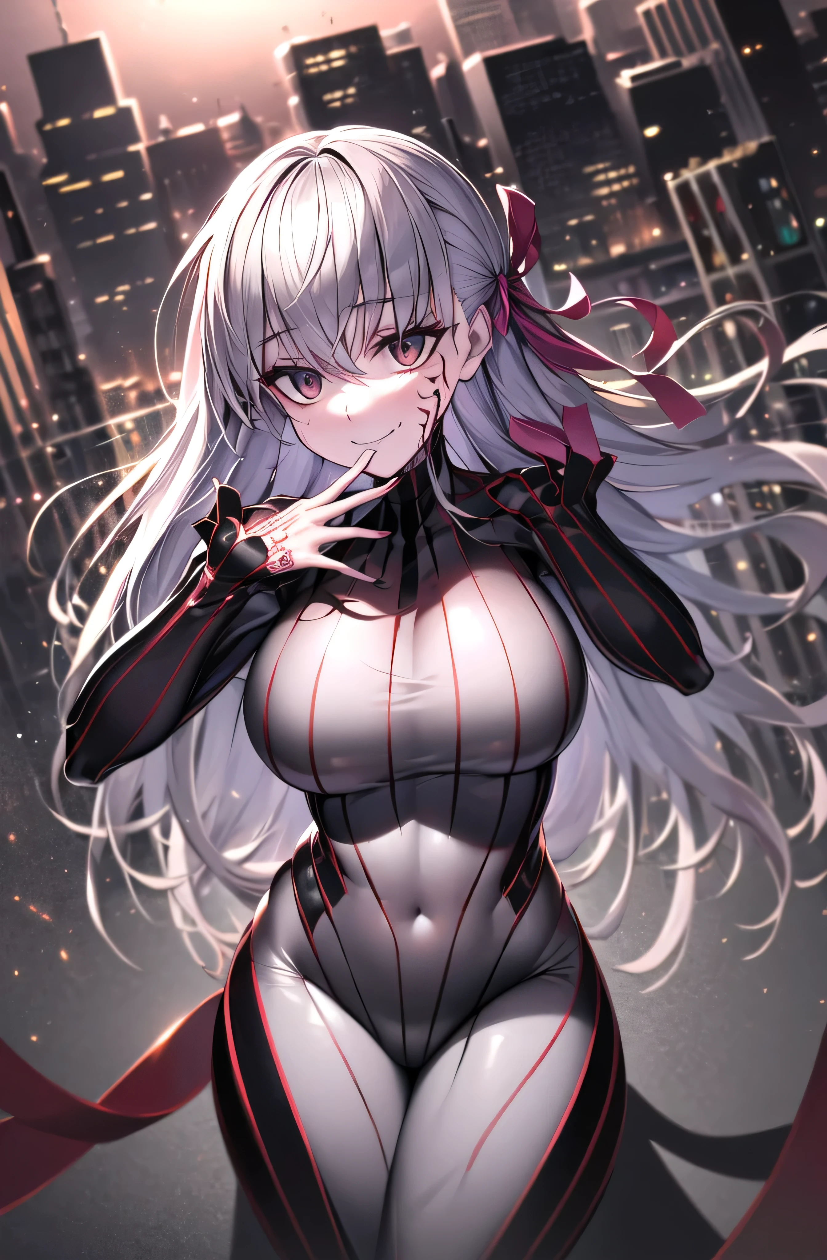 ((masterpiece,Highest quality, detailed)), One girl, alone,
Outdoor, night, Cityscape, Portraiture, Cowboy Shot, Dark Sakura,Wicked Smile， Anxious smile, Hair Ribbon, Hollow Eyes, Plug Suit, Bodysuits, black Bodysuits, Pause, Fits perfectly to the skin, Striped, cyber punk, Put your finger to your mouth, Body pattern,shaded face(eyes in shadow)