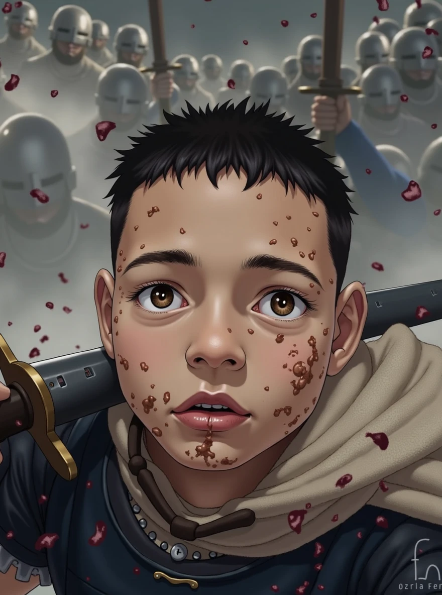 18 year old boy with short black hair in a medieval costume covered in mud in the middle of a battle while stabbing an enemy with a sword 