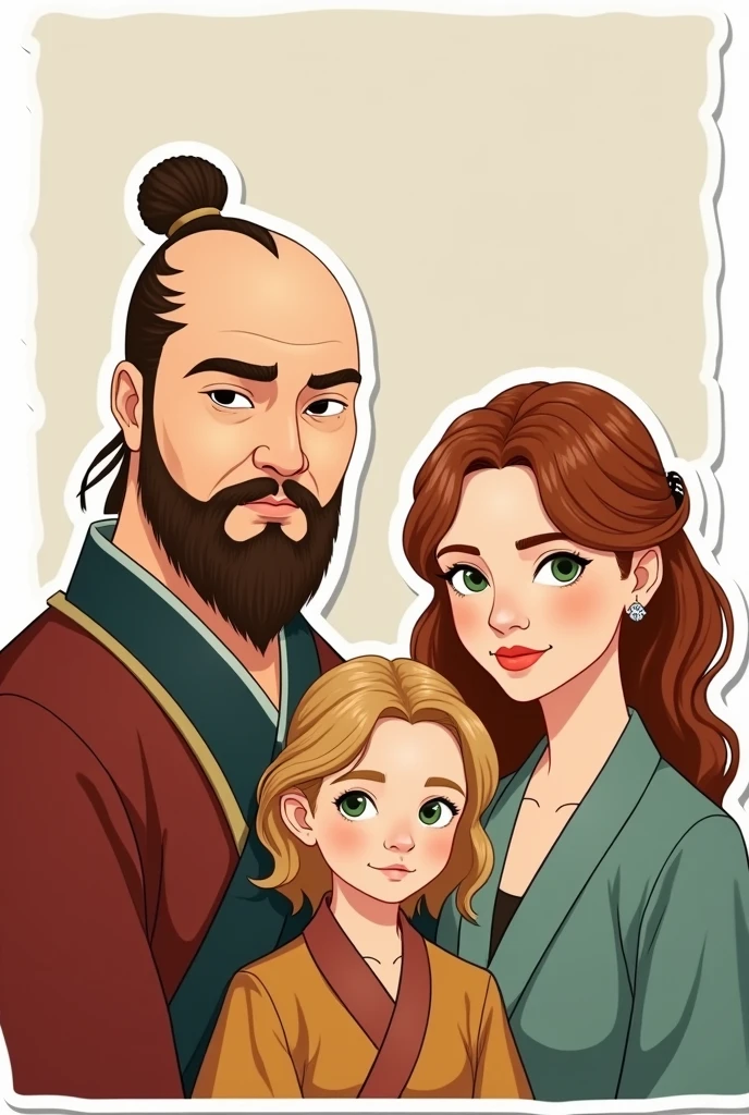 A family, A white man, Cao Cao, almost bald, brown beard, greeneyes, next to a white woman de greeneyes com o cabelo castanho-acobreado, straight and without bangs parted in the middle, next to a white woman, greeneyes, curly and blonde hair, illustration style, sticker
