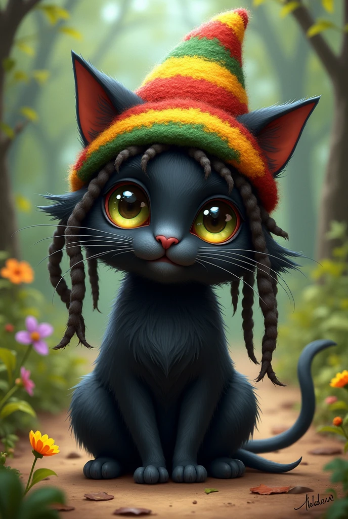 Create a character like the one from the game Hollow Night so cute that it looks like a black cat but with dreadlocks and a Rastafarian hat with its ears sticking out.