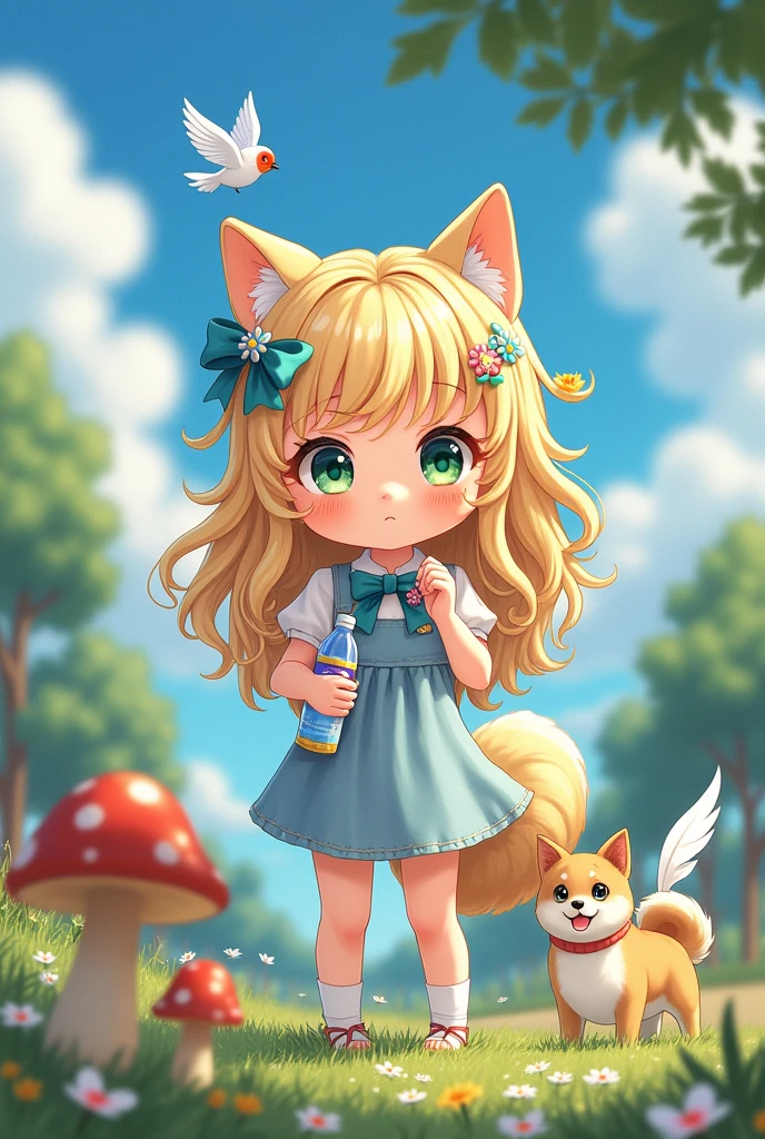 (8k, RAW photo, best quality, masterpiece, highres, absurdres, ultra detailed:1.3), (Photography, realistic, photo-realistic:1.4), (beautiful natural lighting, beautiful deatailed shadow, beautiful detailed glow :1.4), atmospheric,
BREAK, 1 beautiful girl, girl, (cute:1.5),(chibi:0.5),(cute:2.0),(Loli:2.0),(12 year old girl),(big breasts:1.65),(chin hair,blonde,blue bow,green eyes,Eyebrows visible through the hair,side lock,long hair with bangs parted, hair flower, hair ornaments, big ribbon in hair, curly hair, ponytail:1.6),:he, white feathers, one thin white wing, Ang he wings, spread,(blushed,:d:1.45) , BREAK
(white tank_top, hotpants, backpack,beret:1.4), (drinking, sweatdrop, outdoor, summer, mountain, mushroom,Shiba Inu drinking water, Little bird, busy:1.2), (wariza,holding water bottle:1.4), standing, In a western country town, BREAK
,
BREAK wakame,wakame,wakame,(cowboy shot,from below:1.4) BREAK manga illustration.media,manga style,(ultra rich intricately proper sketch+pastel+airbrush+colored pencil:1.1),(ultra highres composition details:1.2), (delicate illustration), (pastelcolor style illustration:0.9), (watercolor style illustration:0.4),