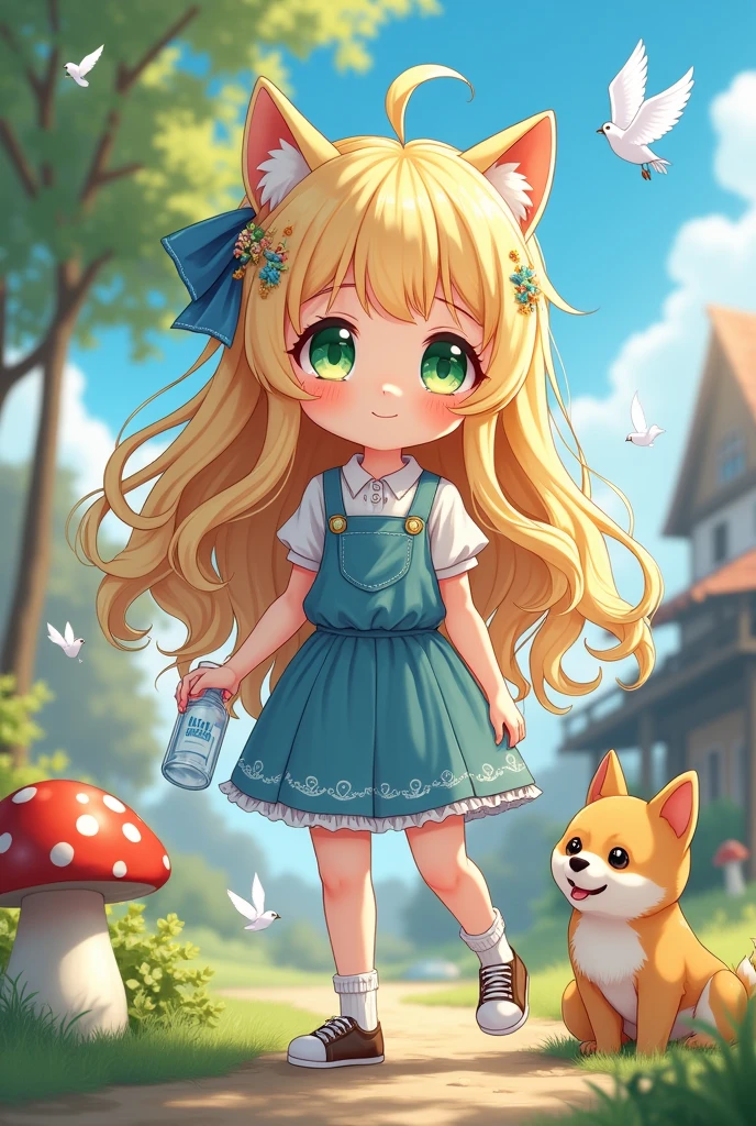 (8k, RAW photo, best quality, masterpiece, highres, absurdres, ultra detailed:1.3), (Photography, realistic, photo-realistic:1.4), (beautiful natural lighting, beautiful deatailed shadow, beautiful detailed glow :1.4), atmospheric,
BREAK, 1 beautiful girl, girl, (cute:1.5),(chibi:0.5),(cute:2.0),(Loli:2.0),(12 year old girl),(big breasts:1.65),(chin hair,blonde,blue bow,green eyes,Eyebrows visible through the hair,side lock,long hair with bangs parted, hair flower, hair ornaments, big ribbon in hair, curly hair, ponytail:1.6),:he, white feathers, one thin white wing, Ang he wings, spread,(blushed,:d:1.45) , BREAK
(white tank_top, hotpants, backpack,beret:1.4), (drinking, sweatdrop, outdoor, summer, mountain, mushroom,Shiba Inu drinking water, Little bird, busy:1.2), (wariza,holding water bottle:1.4), standing, In a western country town, BREAK
,
BREAK wakame,wakame,wakame,(cowboy shot,from below:1.4) BREAK manga illustration.media,manga style,(ultra rich intricately proper sketch+pastel+airbrush+colored pencil:1.1),(ultra highres composition details:1.2), (delicate illustration), (pastelcolor style illustration:0.9), (watercolor style illustration:0.4),