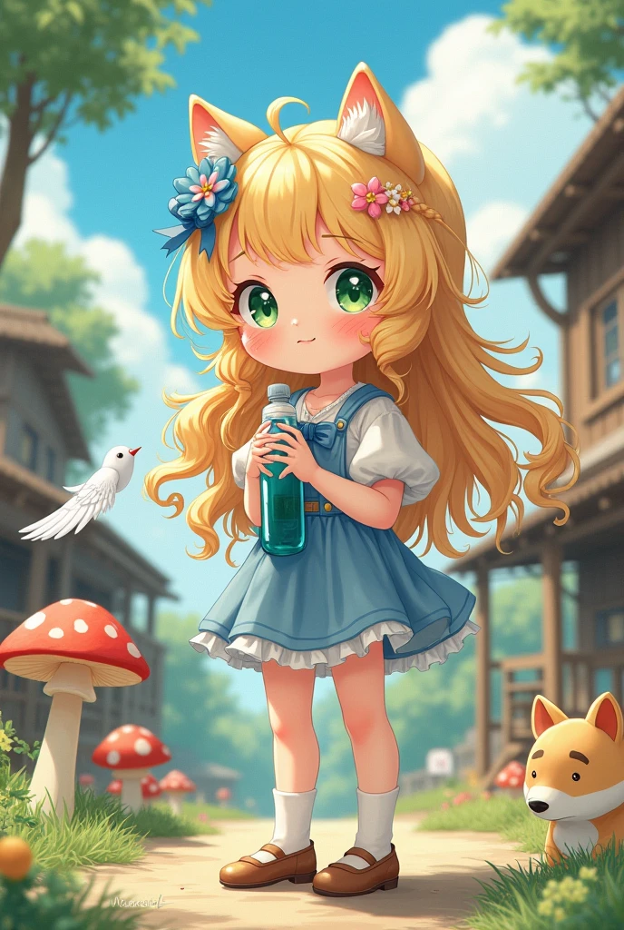 (8k, RAW photo, best quality, masterpiece, highres, absurdres, ultra detailed:1.3), (Photography, realistic, photo-realistic:1.4), (beautiful natural lighting, beautiful deatailed shadow, beautiful detailed glow :1.4), atmospheric, 

BREAK, 1 beautiful girl, girl, (cute:1.5),(chibi:0.5),(cute:2.0),(:2.0),(12 year old girl),(big breasts:1.65),(chin hair,blonde,blue bow,green eyes,Eyebrows visible through the hair,side lock,long hair with bangs parted, hair flower, hair ornaments, big ribbon in hair, curly hair, ponytail:1.6),:he, white feathers, one thin white wing, Ang he wings, spread,(blushed,:d:1.45) ,      BREAK
(white tank_top, hotpants, backpack,beret:1.4), (drinking, sweatdrop, outdoor, summer, mountain, mushroom,Shiba Inu drinking water, Little bird, busy:1.2), (wariza,holding water bottle:1.4), standing, In a western country town,  BREAK
,
 BREAK wakame,wakame,wakame,(cowboy shot,from below:1.4) BREAK manga illustration.media,manga style,(ultra rich intricately proper sketch+pastel+airbrush+colored pencil:1.1),(ultra highres composition details:1.2), (delicate illustration), (pastelcolor style illustration:0.9), (watercolor style illustration:0.4), 