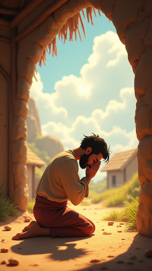 "The poor man is sitting on his knees in a corner of the field or inside the hut, prostrating to his Lord secretly . His features reflect supplication and hope, and the sky in the background is bright with a dim light, adding spirituality and hope to the scene." , 3d animation ,disney inspired