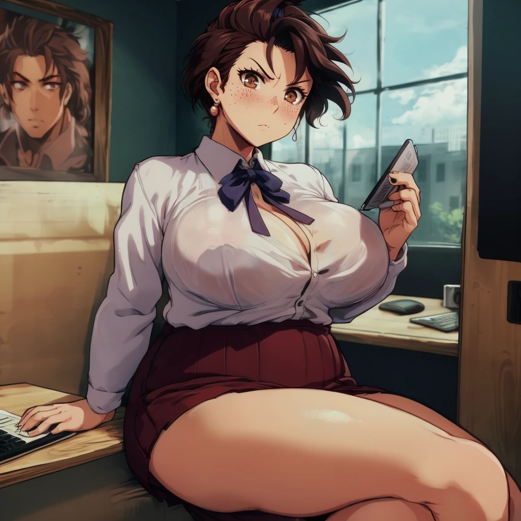 One girl. Sitting in a cubicle at work, typing angrily on a desktop computer, (cute expression), (angry expression), (blushing), tight oencil skirt, work clothes, button gap, large chest, large middle, office backgrounds ,fat, chubby, plump, short red hair, freckles, brown eyes. Wide face, roman nose, very detailed body anatomy, portrait lighting, grabbing another chest one handed pink and lavender office clothes, light colored skirt, very large and expressive eyes. her breasts are very large and saggy, seductive pose, breasts on table