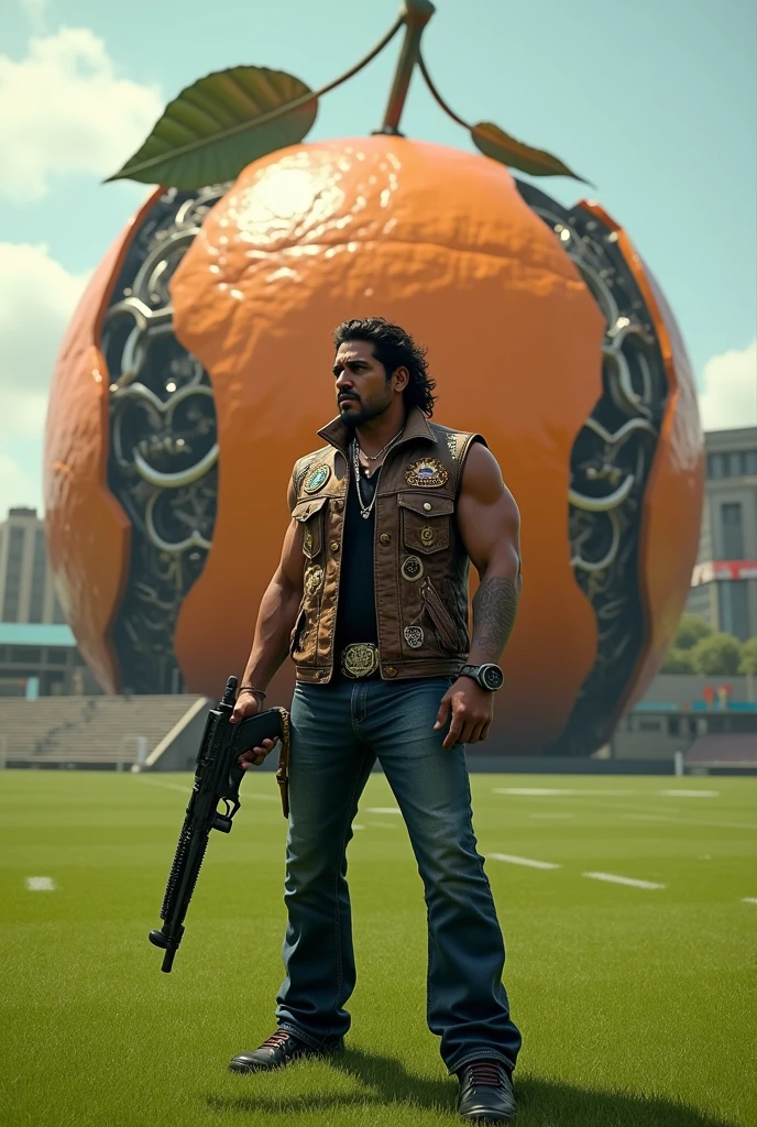 Pablo Escobar motorcycle club vest holding gun holding tangerine football field in front of a giant mechanical tangerine