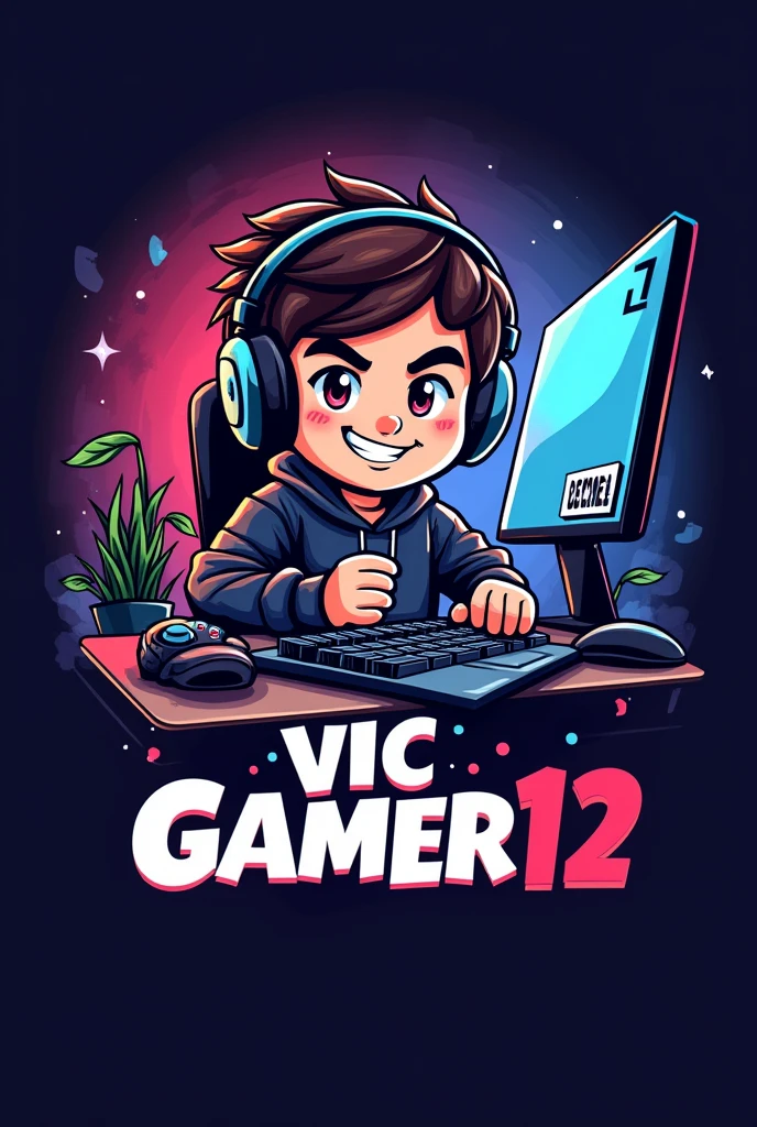 Believe me with the name of"Vic Gamer12" a mascot logo where the mascot is a gamer boy with a Gamer setup background and at the bottom with the name Vic Gamer12 