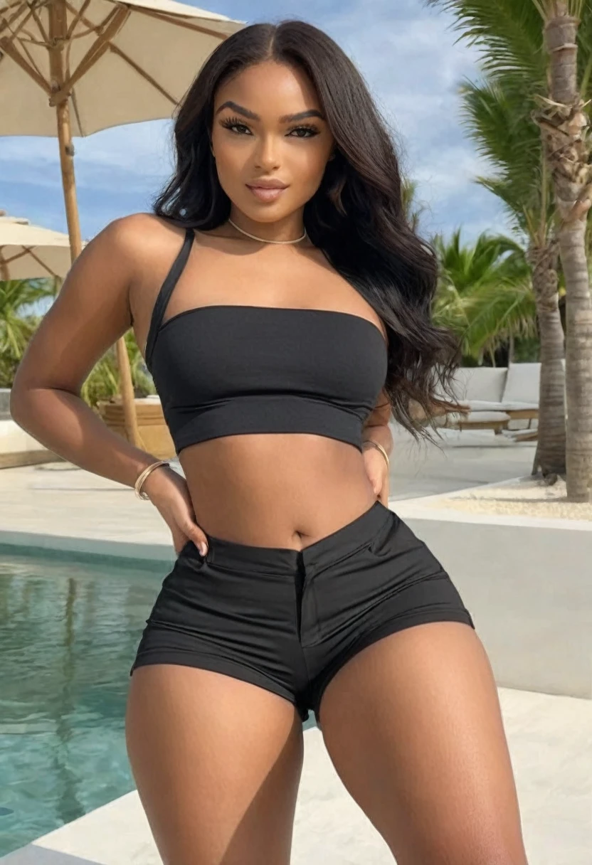 ((high quality:1.2)), (8k), extremely detailed, ((High detail:1.2)), ((best resolution:1.4)), Solo, 24 years old Angolan female, ((cropped, mini-shorts)), BREAK, (((perfect hourglass hot body))), (((square and defined face of an extremely perfect and beautiful model))), 